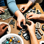 **Image of a workshop:** A diverse group of people actively participating in a "Ekokreation" workshop, crafting items from recycled materials. The atmosphere is collaborative and inspiring, with a focus on hands-on creation. Use a warm, inviting color palette.